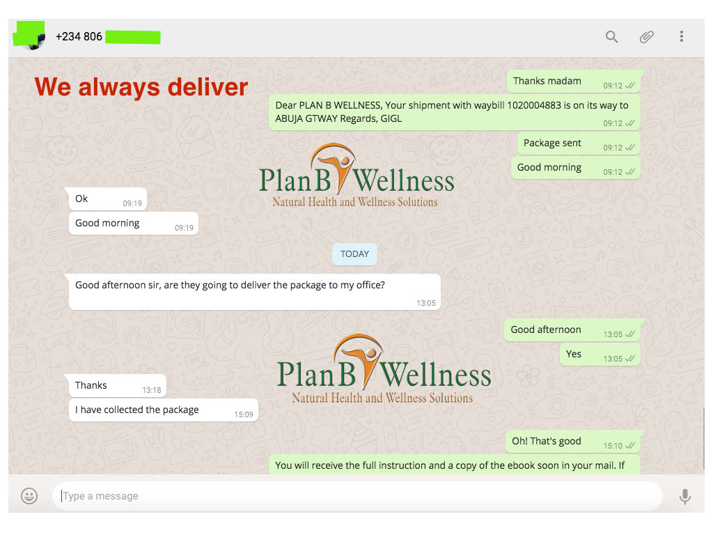 Delivery to Abuja by Plan B Wellness